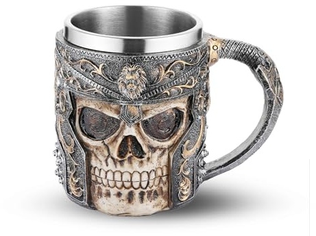 AsAlways Stainless Steel Skull Beer Mug Gothic Beer Stein Novelty Wine Coffee Drinking Cup Halloween Renaissance Accessory Gift 400ML/13.5OZ