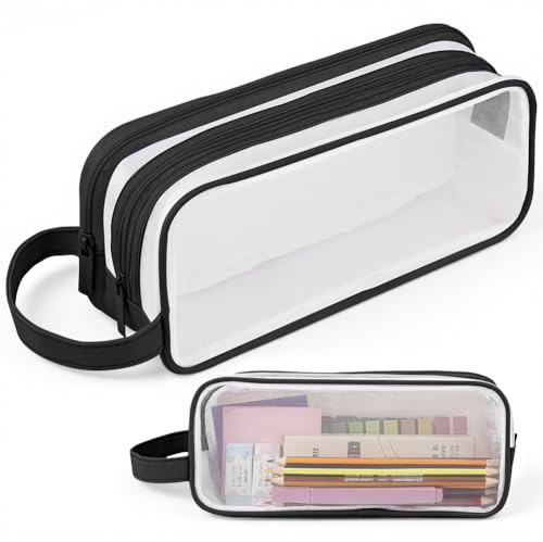 APXEL Estuche Transparente, Bolsa de Maquillaje, Estuche Escolar Grande Transparente Estuches 2 Compartimentos con Cremallera, Escolares Adolescentes Estudiantes Adultos Oficina (Negro)