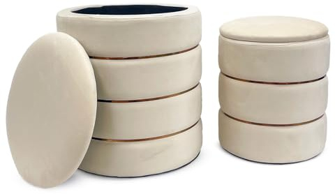 IlGruppone Set 2 Pouf Contenitori in Velluto – Pouf Arredo Moderni Impilabili, Poggiapiedi con Contenitore Salvaspazio, 4 Colori – Grande 37x41 cm, Medio 28x34 cm - Beige