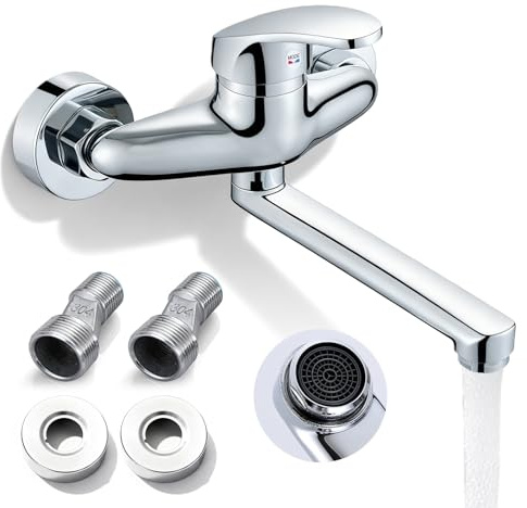 GAOUTO 18CM Wasserhahn Küche Wandmontage: 360° Drehbar Kalt und Heiß Einhebelmischer Küchenarmatur Wandmontage, Mehrschichtverchromung Wandarmatur Küche, für Küche Bad Restaurants