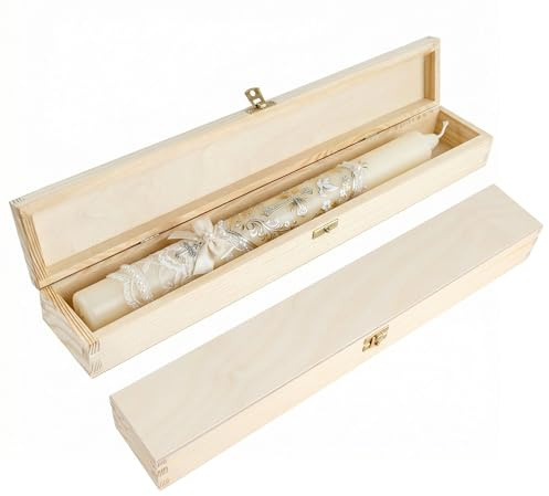 Creative Deco Scatola in Legno per Candela Battesimo e Prima Comunione | 47 x 7 x 5,5 cm | Custodia per Candela Lunga o Cero | Idea Regalo e Ricordo | Legno di Pino Naturale non Verniciato