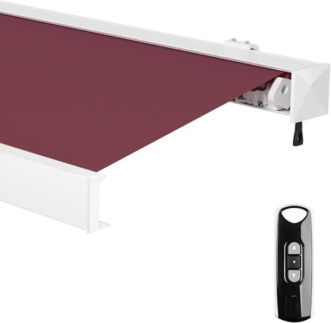 paramondo Markise Kassettenmarkise Line Gelenkarmmarkise Balkon Terrasse Sichtschutz, mit jarolift Funkmotor, Vollständig zusammengebaut, 3,5 x 3 m, Gestell: Weiß, Stoff: Uni, Weinrot