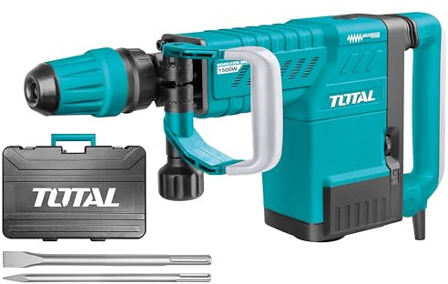 TOTAL - Martillo Picador Eléctrico - 1500W - 1900 Impactos/min - Sistema Antivibración y SDS max - Fuerza de 25 J de Impacto - Incluye 2 Cinceles y Maletín