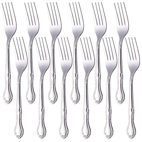 QIBOORUN Stainless Steel Kitchen Dinner Forks 12-Piece Dinner Fork Set 7.3-inch Stainless Steel Table Forks Classic Flatware Silverware Sets Cutlery Utensils Dinnerware with Flower Edge -Silver