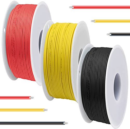 DAOKAI Cable de silicona de calibre 26, 600 V, 26 AWG, cables de cobre trenzados con revestimiento de estaño, 3 colores (negro, rojo, amarillo), 7 m/23 pies cada cable eléctrico, kit cable de conexión