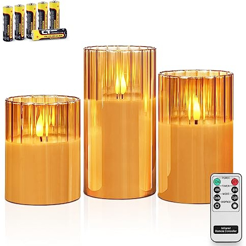 Rhytsing Gold Ribbed Glass Battery Operated LED Candles with Remote, Flameless Candle Gift Set with Timer, Warm White Light- Include 6 Batteries - Set of 3