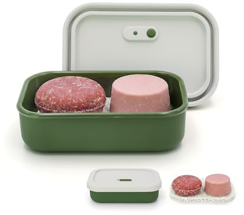 AIDIMMING Silicone Enhanced Leak Proof Travel Soap Case, Vented Shampoo Bar Holder, Large Bar Soap Box with Lid Portable Soap Dish with Draining Layer (Offwhite& Green)