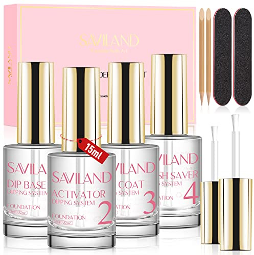 Saviland Dip Powder Liquid Set 15ml: 10pcs with Foundation Gel/ Top Coat/ Activator/ Brush Saver/ Nail Tools, Dip Powder Nail Kit, Dipping Powder for French Nails, Long Lasting and No Nail Lamp Needed