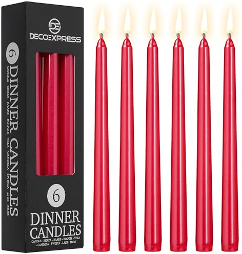 DECO EXPRESS Candles Set, Pack of 6 Classic Dripless Tapered Metallic Dinner Candles, Unscented with 8 Hours Burning Time, Home, Valentine’s Day & Mother’s Day Decor Idea (Metallic Red, 6 Pack)