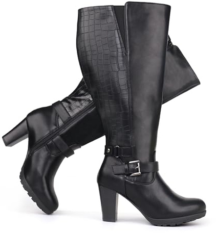 Chicblooms Botines de mujer de talla grande, con talle alto, tacón alto, con hebilla en el tobillo, Color negro., 40.5 EU