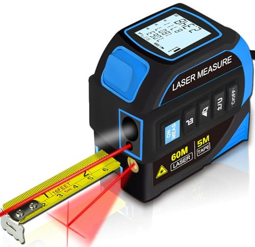 Menider 4-in-1 Laser Measure Tool - Digital LCD & Self-Locking, 196ft/60m Laser & 16ft/5m Tape, Cross Line & Dual-Axis Angle, Rechargeable for Pros