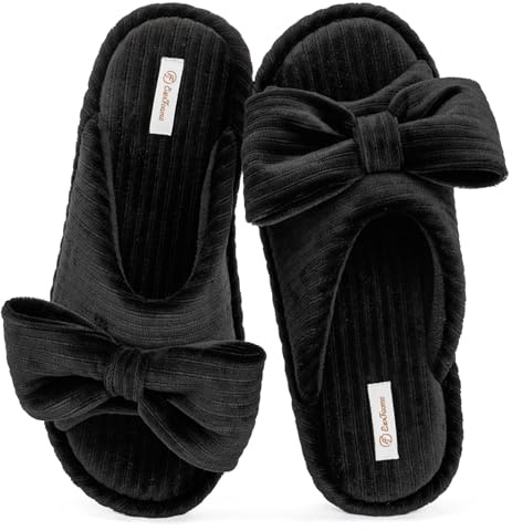 EverFoams Women's Open-Toe Bow Slippers Cozy Soft Fashionable Velvet with Memory Foam and Indoor House Bedroom Non-Slip Outsole Matte Black,7-8 US