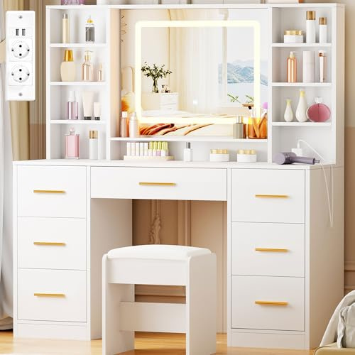 ANWBROAD Grande Coiffeuse avec Miroir et Tabouret Éclairage LED Réglable 3 Couleurs et Prises Blanche Moderne 7 Tiroirs 4 Étagères Rangement Ouvertes Coiffeuse 140x100x40cm BDT65W
