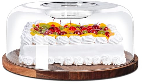 NWK Wood Cake Stand with Dome Cover Lid for up to 11 inch Cake Display for Cabinet Kitchen Rustic Birthday Wedding Party Home Decoration