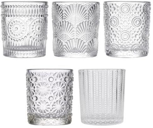 5 Stück Glas Teelichthalter, 5.5 x 6.5cm Glas Kerzenständer, Romantische Teelichtgläser, Kerzenständer mit verschiedenen Designs, Kerzenhalter für Weihnachten, Geburtstag, Hochzeit, Party