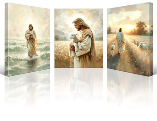Artscope 3 Piezas Religioso Lienzos Decorativos - Jesús Guarda al Cordero Patrón Estilo Pintura Cuadro Pared Lienzo para Salon Décor Dormitorio Oficina Pasillo Cocina Baño Regalo 30x40cm
