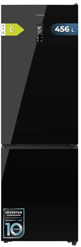 Cecotec Frigorífico Combi 456L Total No Frost Bolero CoolMarket Combi 456 Black Glass C. Altura 201cm y 59,5cm Ancho, MAX INSIDE con VIP Tech, Compresor Inverter Plus, Bajo Consumo, Bandejas Cristal
