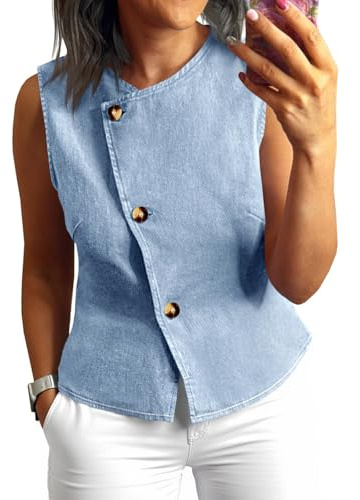 Tankaneo Women Denim Vest Tops Button Down Sleeveless Fitted Jean Tank Tops Trendy Casual Waistcoats Light Blue