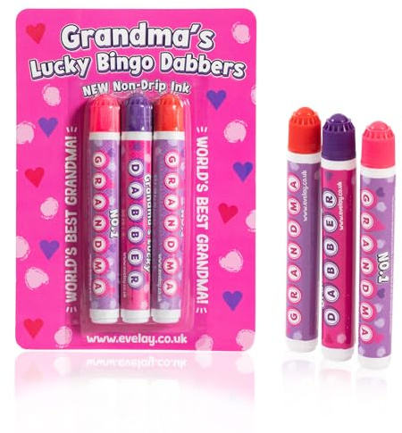 evelay Best Grandma Bingo Dabber Set | 3 färgmarkörer i lila rosa röd | Smidigt bläck utan röra | Lättgreppade pennor för bingokvällar | rolig present till mormor familjespel