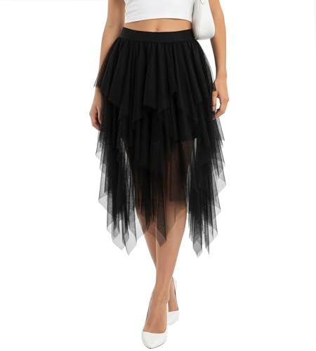 Neteson Jupe Tulle Femme Irrégulier Jupe Tutu Tulle Longue A-Line Midi Jupe en Tulle Plissée Asymétrique Ballet Dance Dress pour Mariage Prom Party Halloween Carnaval Noël FêTe Costume Robe