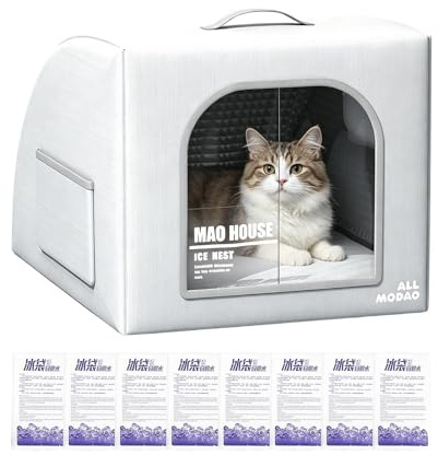 Maison rafraîchissante pour chat pour l'été - Grotte isolée et résistante aux intempéries pliable | Maison pour chien avec 8 packs de glace réutilisables pour le repos et le sommeil des chatons et