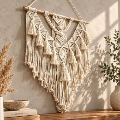 Qnbonrich Vägghänge i makramé, handgjord bomullsväggmatta, bohodekoration, vävd gobeläng med tofsar, väggdekoration boho för sovrum, balkong och lägenhet, 70 cm (H) x 40 cm (B)