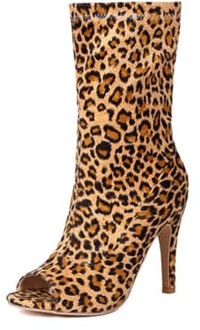 Genérico Mujeres Botines Medio Pantorrilla con Cierre Cremallera Punta Abierta Tacón Stiletto Estampado Leopardo Cuero PU Elástico Zapatos Elegantes para Fiestas