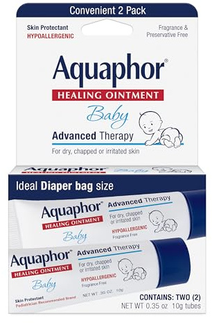 Aquaphor Baby Healing Ointment Advanced Therapy Skin Protectant for Chapped or Dry Skin, Drool Rash and Diaper Rash Ointment, Hypoallergenic Baby Essentials, Travel Size, 0.35 Oz Tube, Pack of 2