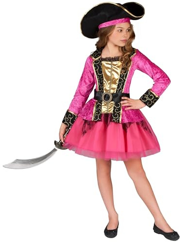 DEGUISE TOI - Déguisement Pirate rose et or fille - Robe - Chapeau - Ceinture - L 10-12 ans (130-140 cm) - Rose - Déguisements enfants - 100% Polyester - Laver à la main - Carnaval