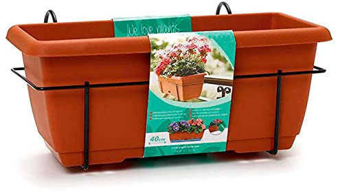 Acan Tradineur - Jardinera para balcón con Plato Integrado y Soporte metálico - Fabricado en plástico - PLFT - Capacidad de 8 L - 17 x 40 x 19,5 cm - Color Marrón