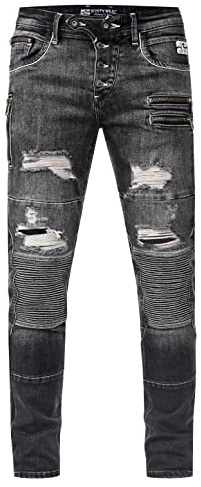 Rusty Neal Herren Biker-Jeans 'Misato' DIE-Absolute-Jeans Slim Fit Stretch Destroyed Biker Zip-Design mit Stylischer Knopfleiste und Kontrast-Naht 241, Farbe:Dark Grey Used, Größe Jeans L32:29W / 32L