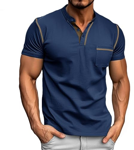 Donason Homme T-Shirt à Manches Courtes Décontractée Chemise Henley T-Shirts Col Rond à Boutons et Poche Homme Casual Basic Tee Shirt
