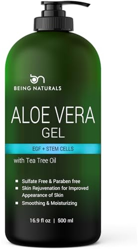 Being Naturals Aloe vera Gel - from 100% Pure Organic Aloe Infused with EGF, Stem Cell, Rosemary Oil - Natural Raw Moisturizer for Face, Body, Hair. Perfect for Sunburn, Acne, Razor Bumps 16.9 fl oz
