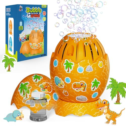Bombble Dinosaur Egg Bubble Machine Portable Automatic Bubble Machine with Light,10000+ Bubbles per Minute/DIY Stickers/Bubble Solution/Outdoor Bubble Toy for Kids Birthday Party Gifts (Orange)