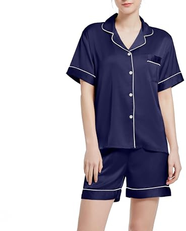 Xuepelit dampyjamas-set, sommar, sidenpyjamas för kvinnor med knappslå och tvådelat nattlinne i beige, Marinblå, XXL