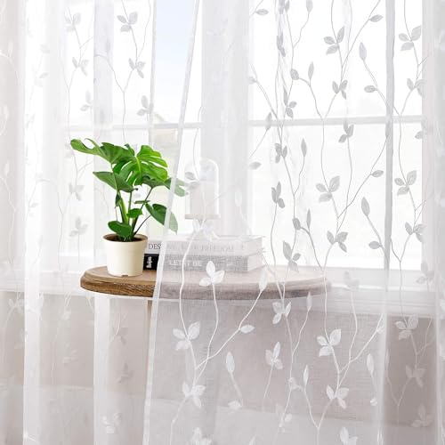 WUBODTI White Leaf Linen Sheer Curtains 54 Inches Long 2 Panels Set for Kids Room, Rod Pocket Light Filtering Faux Linen Embroidered Floral Patterned Short Curtains for Bedroom Dining Room