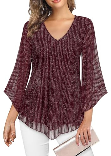 Gemulate Wine Red Tops for Women UK Blouses for Women UK Elegant V Neck Evening Tops for Women UK Elegant Ladies Three Quarter Sleeve Chiffon Tops Loose Ladies Blouses -Wine Red Stripes, M