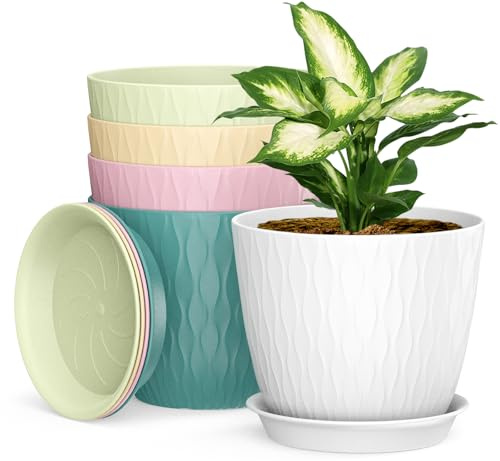Homeuouz Lot de 5 pots de fleurs avec système d'arrosage, 20,3 cm Pot de plantes avec système d'arrosage, pot de fleurs avec sous-pot avec plateau, ensemble de pots de fleurs idéal pour les jardins