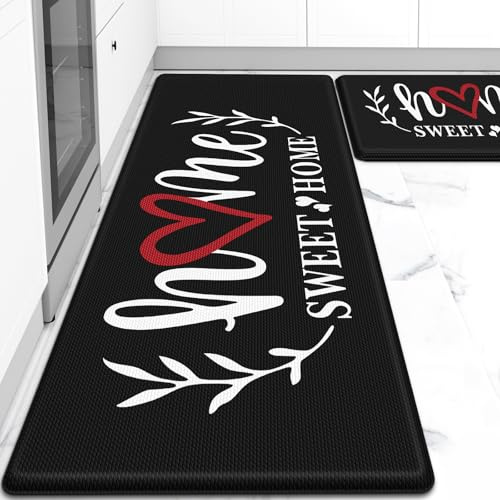 HappyTrends Kitchen Mat for Floor, 2PCS Cushioned Anti-Fatigue Kitchen Rugs, Waterproof Non-Slip Standing Mats and Rugs Set for Kitchen, Office, Laundry, Black, 17.3×30+17.3×47