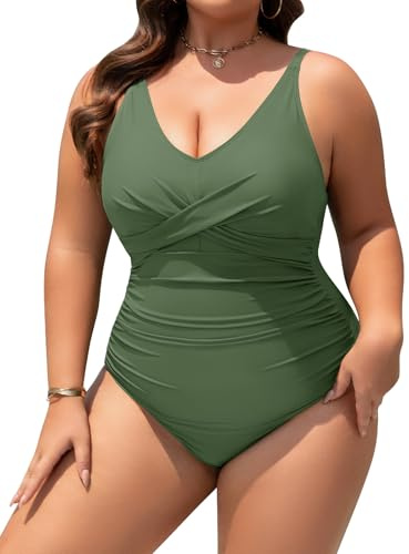 Vijamiy Bañador Mujer Tallas Grandes Reductor Barriga Sexy Cuello en V Push Up con Relleno Swimsuit Adecuado para Mujeres de Talla Grande L-4XL(Verde,3XL)