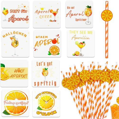 10 Dessous-de-verre en Feutre + 20 Pailles en Papier Rayées | Cadeau pour Amateurs d'Apéritif | Fêtes Thématiques, Carnaval et Noël (Motif Orange)