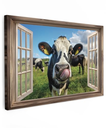 MuchoWow© Stampa Foto 120x80 cm Quadro Moderno Quadri Moderni Soggiorno Con Cornice Stampe Da Parete Camera Da Letto Matrimoniale Decorazione Canvas Vista - Mucca - Prato - Animali - Natura