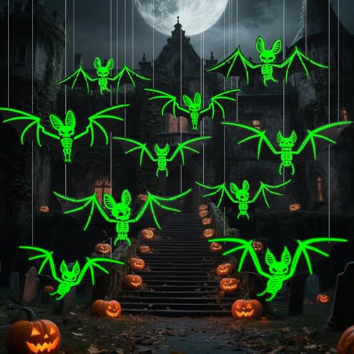 10 Pezzi Pipistrelli Decorazioni di Halloween, Decorazioni da Appendere con Scheletro Incandescente, Pipistrelli Spaventosi di Halloween, Decorazione da Parete per Halloween, per Interni ed Esterni