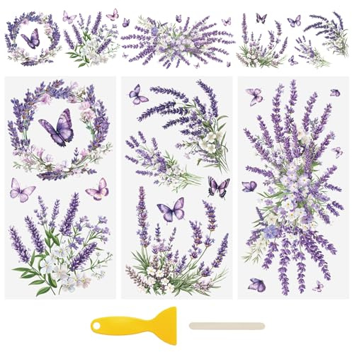 WANDIC 3 fogli di adesivi UV DTF Cup Warp on Transfer Sticker, fiori di lavanda, decalcomanie impermeabili per album di ritagli, per fai da te, bottiglie d'acqua in vetro, mobili, artigianato, 15 x 30