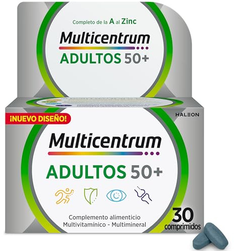 Multicentrum Adultos 50+, Complemento Alimenticio Multicolor Vitaminas con 13 Vitaminas y 11 Minerales, Sin Gluten, 30 Comprimidos