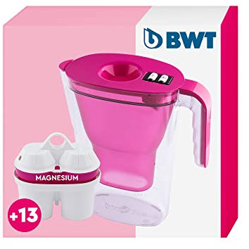 Caraffa filtrante BWT Vida rosa con 13 cartucce al magnesio | Depuratore acqua domestico per cucina | Riduce calcare, cloro, metalli pesanti | Ideale per tè, caffè, acqua naturale