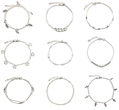 Huture 9 Stücke Damen Fußkettchen 925 Sterling Silber Barfuß Strand Armbänder Boho Knöchel Ketten Silbernes Fußspange Sommer Fuß Schmuck Verstellbare, Silberschmuck Anklet