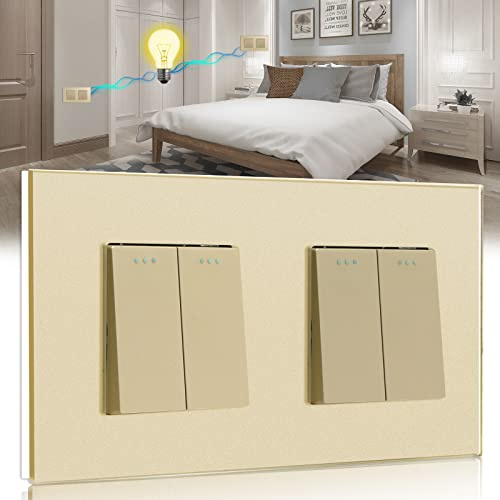 BSEED Light Switch 2 Gang 2 Way+2 Gang 2 Way Glass Light Switches Screwless 10A Rocker Tactile Wall Switch Gold Crystal Toggle Switch 146mm