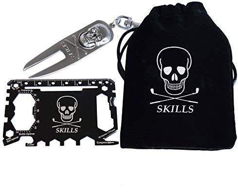 Golfgeschenk-Set: Pitchgabel mit magnetischem Totenkopf-Ballmarker + 46-in-1 Multitool Mehrfachwerkzeug (Silber)