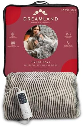 Dreamland Hygge Days Electric Blanket – Heated throw - Zebra, Luxury Faux Fur, 5-minute Fast heat up, 6 temperature settings, 1/3/9-hour auto timer, Electric throw, Machine Washable, 160x120cm
